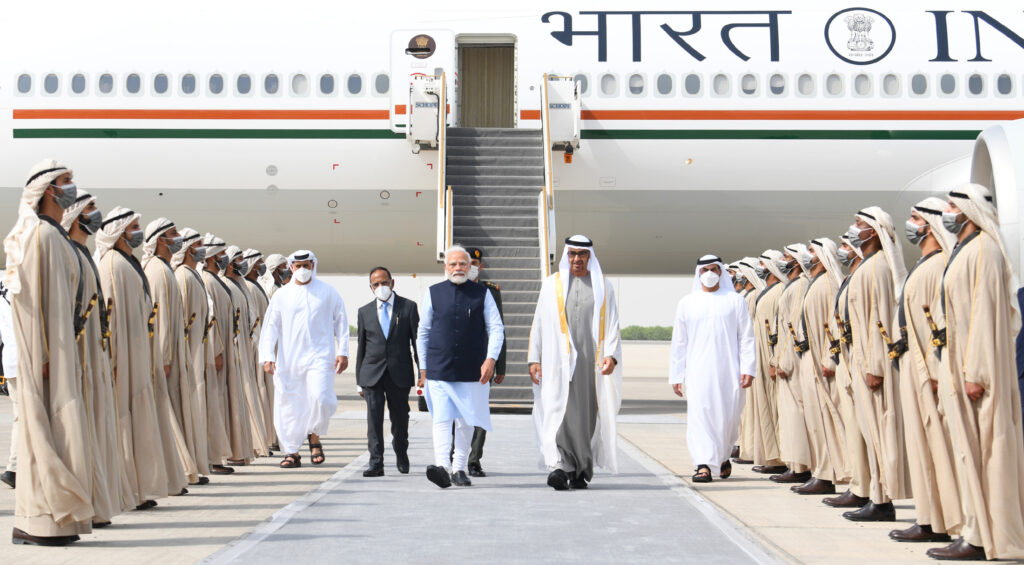 PM Modi being welcomed by the President of UAE, Sheikh Mohamed bin Zayed Al Nahyan, at Abu Dhabi Airport on June 28.