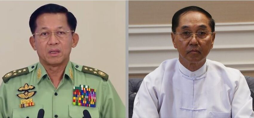 Myanmar regime chief Min Aung Hlaing (left) and acting president U Myint Swe.