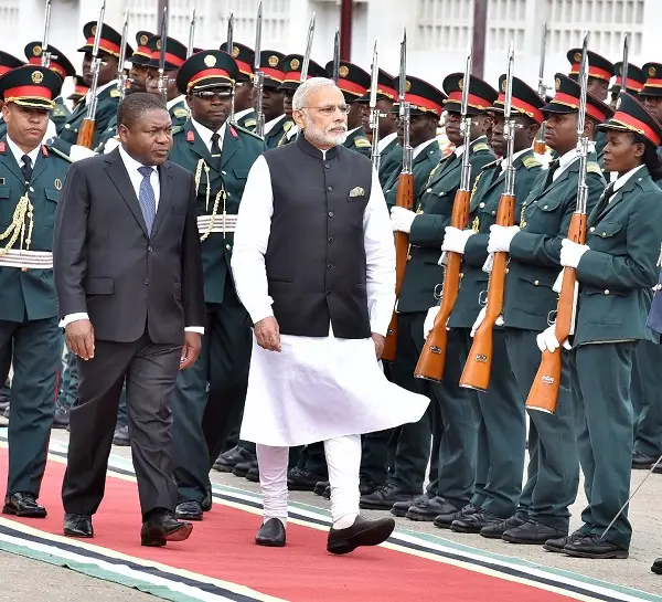 PM Narendra Modi inspecting a guard of honour during his visit to Mozambique in 2016.