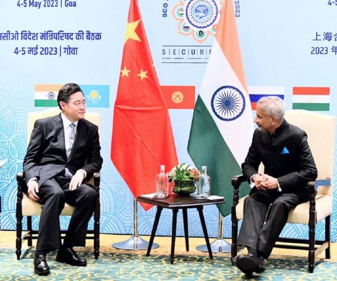 External Affairs Minister S Jaishankar (right) with his Chinese counterpart Qin Gang on the sidelines of the SCO foreign ministers meeting in Goa on Thursday.