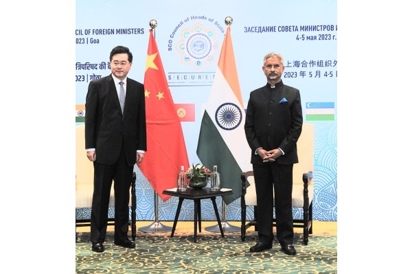 External Affairs Minister S Jaishankar (right) with his Chinese counterpart Qin Gang on the sidelines of the SCO foreign ministers meeting in Goa on Thursday.