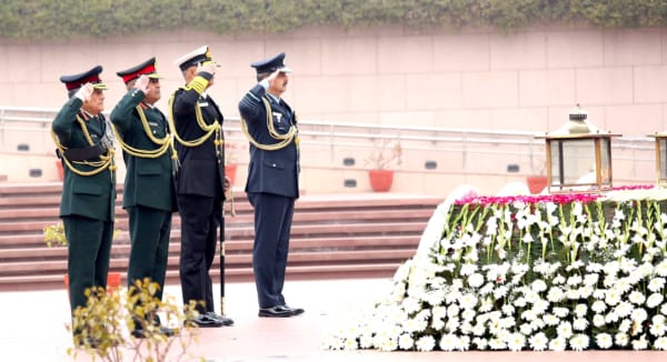 (From left) CDS General Anil Chauhan, Army Chief General Manoj Pande, Navy Chief Admiral R Hari Kumar and Air Chief Marshal VR Chaudhari paying homage at the National War Memorial in New Delhi in January this year.