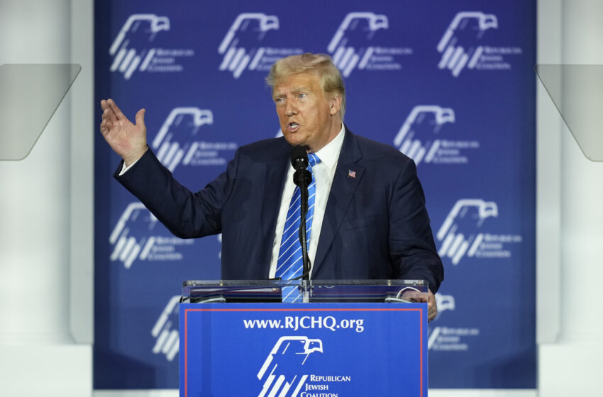 File photo of Republican presidential candidate and former President Donald Trump speaking at an annual leadership meeting of the Republican Jewish Coalition, Saturday, Oct. 28, 2023, in Las Vegas. (AP)