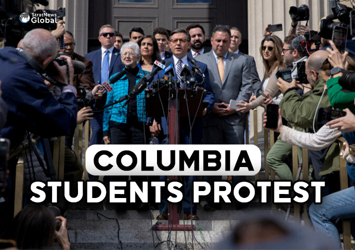  Protesting Over Gaza, Columbia University Students Boo US House Speaker Mike Johnson