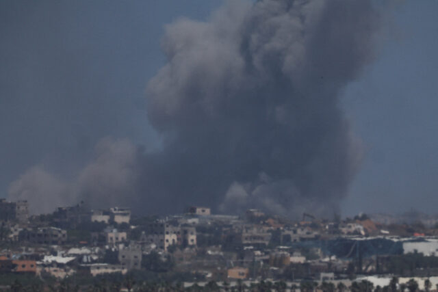 Smoke rises from an explosion following an Israeli airstrike in northern Gaza