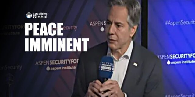 Blinken speaks at an Aspen security forum discussion.