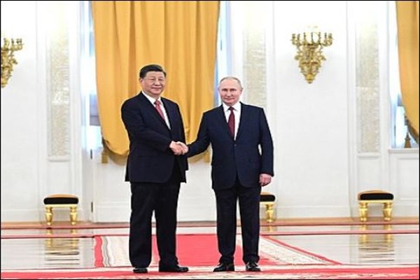 China's president Xi Jinping and his Russian counterpart Vladimir Putin meet President of Russia Vladimir Putin at the official welcoming ceremony in the Grand Kremlin Palace in Moscow., March 2023