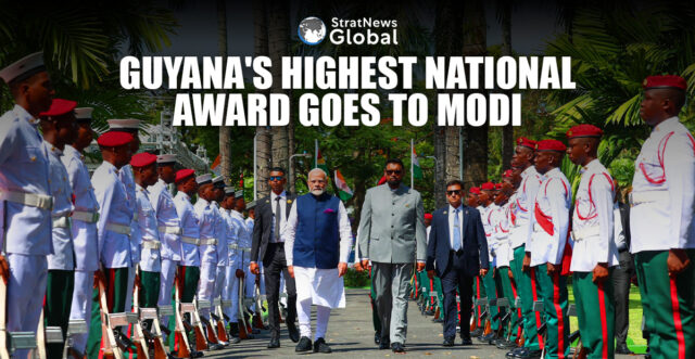 Guyana's Highest National Award Goes To Modi Guyana President Mohamed Irfaan Ali welcomed PM Narendra Modi at the State House in Georgetown. PM was accorded ceremonial guard of honour. (Courtesy: @MEAIndia via X)