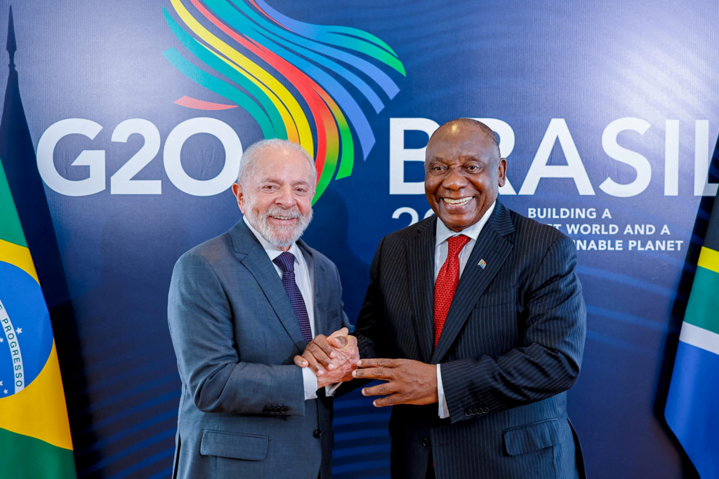 razil's President Luiz Inacio Lula da Silva greets South African President Cyril Ramaphosa in Brazil