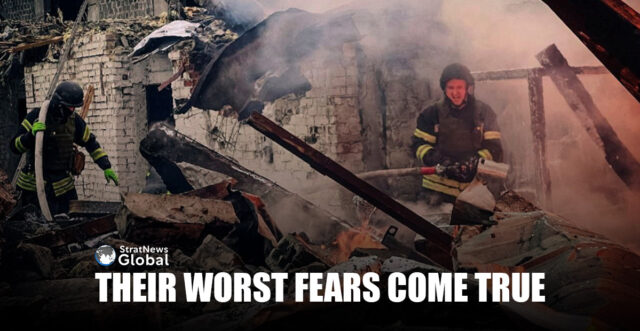 Their Worst Fears Come True Firefighters at work in an area in Ukraine