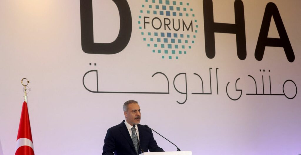 Turkish Foreign Minister Hakan Fidan speaks to the media during Doha Forum in Doha, Qatar, December 8, 2024.