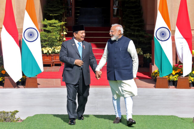 Indonesian President Prabowo Subianto and India's Prime Minister Narendra Modi arrive for a photo opportunity in New Delhi indonesian india narendra modi