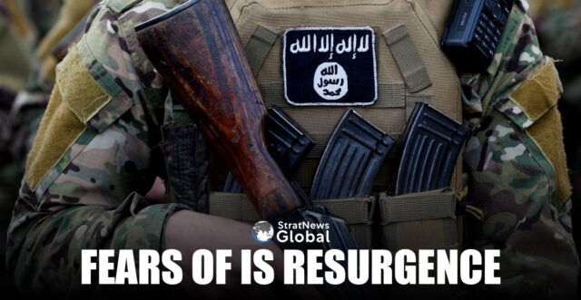 A patch of Islamic State is attached on a fighter's uniform