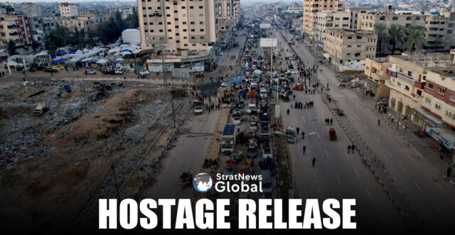 A drone view shows Palestinians waiting to be allowed to return to their homes in northern Gaza after they were displaced to the south at Israel's order during the war, amid a ceasefire between Israel and Hamas, in the central Gaza Strip, January 26, 2025