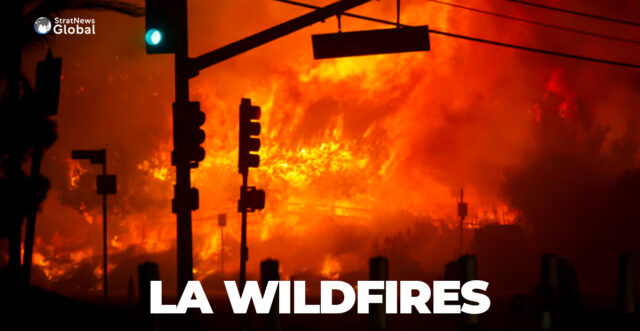 A signal light goes green on the Pacific Coast Highway as a wildfire burns in the Pacific Palisades neighborhood of west Los Angeles, January 7. REUTERS/Daniel Cole