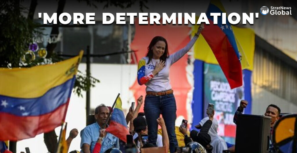 Venezuelan opposition leader Maria Corina Machado addresses supporters at a protest ahead of the Friday inauguration of President Nicolas Maduro for his third term, in Caracas, Venezuela January 9, 2025. REUTERS/Maxwell Briceno