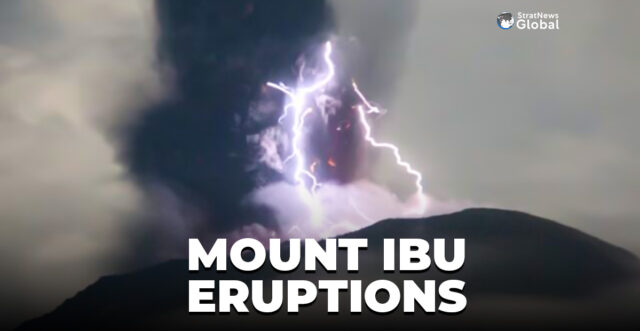 Lightning appears amid a storm as Mount Ibu spews volcanic material during an eruption, as seen from Gam Ici in West Halmahera, North Maluku province, Indonesia, May 18, 2024 in this handout image. The Center for Volcanology and Geological Hazard Mitigation (PVMBG)/Handout via REUTERS/File Photo