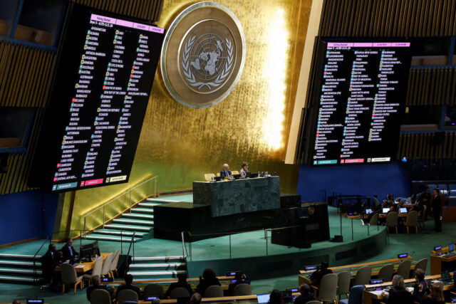 2MWL34JATBKZXMGA3QA7MSGIB4 Vote results are displayed during the Eleventh Emergency Special Session draft resolution meeting in the United Nations General Assembly on the 3rd anniversary of the Russian invasion of Ukraine, at the U.N. headquarters in New York, U.S., February 24, 2025. REUTERS/Shannon Stapleton