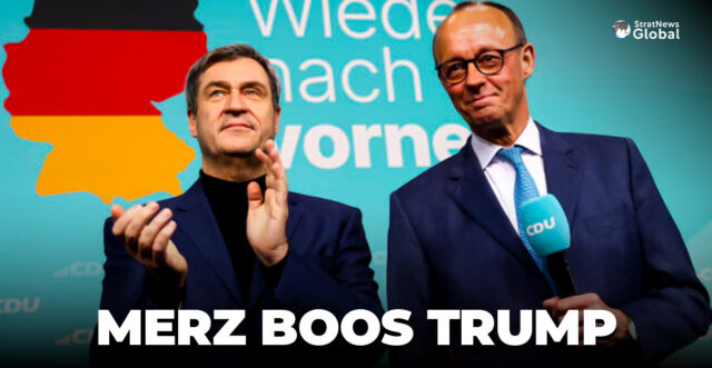 German conservative candidate for chancellor and Christian Democratic Union (CDU) party leader Friedrich Merz stands next to Bavarian state premier and leader of the Christian Social Union (CSU) Markus Soeder after the exit poll results are announced for the 2025 general election, in Berlin, Germany, February 23, 2025. REUTERS/Kai Pfaffenbach
