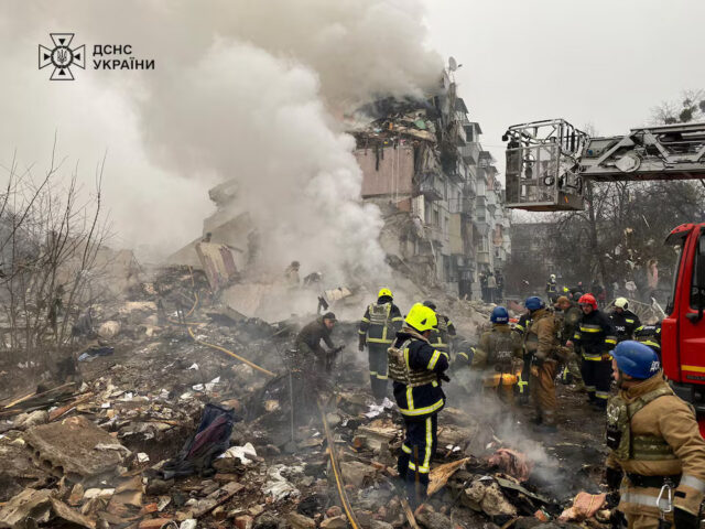 Rescuers work at the site of an apartment building hit by a Russian missile strike, amid Russia's attack on Ukraine, in Poltava, Ukraine February 1, 2025. Press service of the State Emergency Service of Ukraine in Poltava region/Handout via REUTERS