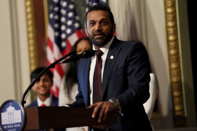 X3IBT45FWNJLFNBSRYX5OAYXUY Kash Patel speaks after being sworn in as FBI director by U.S. Attorney General Pam Bondi in the Indian Treaty Room in the Eisenhower Executive Office Building (EEOB) on the White House campus in Washington, D.C., U.S., February 21, 2025. REUTERS/Leah Millis/File Photo