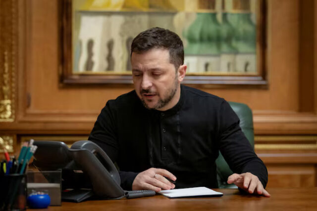 Ukraine's President Volodymyr Zelenskiy speaks with U.S. President Donald Trump via a phone line, amid Russia's attack on Ukraine, in Kyiv, Ukraine February 12, 2025. Ukrainian Presidential Press Service/Handout via REUTERS/File Photo