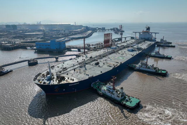 6JBR7QLVG5I5FNORQ3CADHRLTI An aerial view shows a crude oil tanker at an oil terminal off Waidiao island in Zhoushan, Zhejiang province, China January 4, 2023. China Daily via REUTERS/File Photo