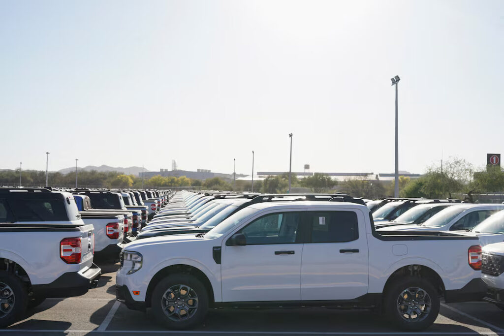Trucks are parked at the Ford Hermosillo Stamping and Assembly Plant following U.S. President Donald Trump's announcement of a 25% tariff on imported cars and light trucks starting next week, in Hermosillo, Sonora state, Mexico, March 26, 2025. REUTERS/Santiago Fontes