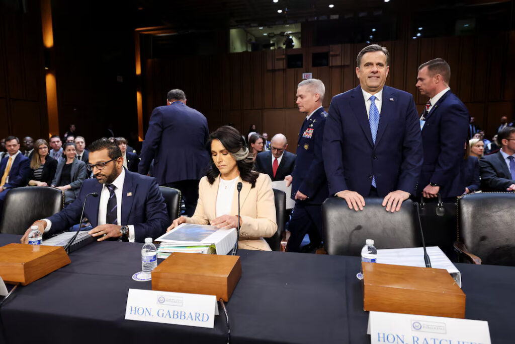 Director of National Intelligence (DNI) Tulsi Gabbard, CIA Director John Ratcliffe and FBI Director Kash Patel appear on the day they testify before a Senate Intelligence Committee hearing on worldwide threats, on Capitol Hill in Washington, D.C., U.S., March 25, 2025. REUTERS/Kevin Lamarque