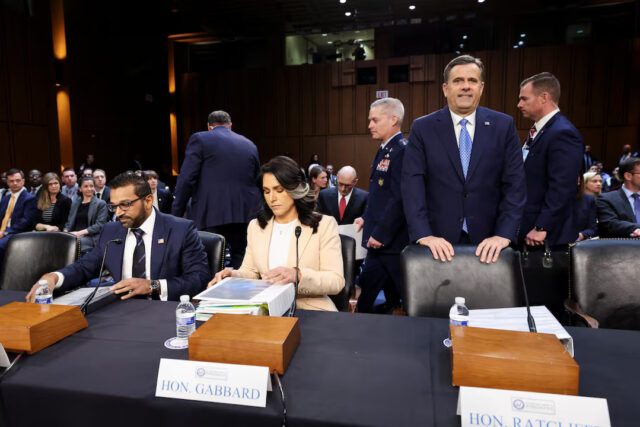 HZNUDBWI7FN4HN3QP4OJ5BMSLU Director of National Intelligence (DNI) Tulsi Gabbard, CIA Director John Ratcliffe and FBI Director Kash Patel appear on the day they testify before a Senate Intelligence Committee hearing on worldwide threats, on Capitol Hill in Washington, D.C., U.S., March 25, 2025. REUTERS/Kevin Lamarque