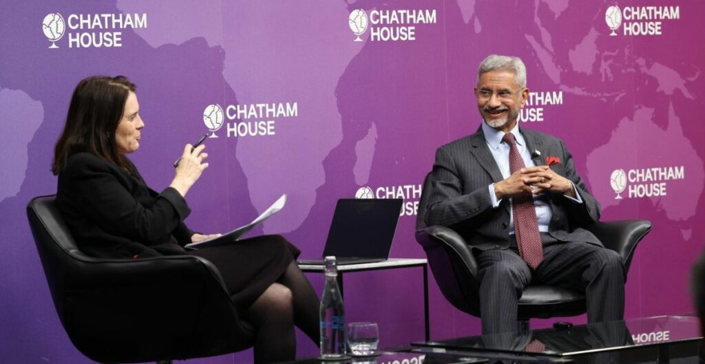 Extrernal Affairs Minister S Jaishankar making a point during a conversation with the Director and Chief Executive of Chatham House, Bronwen Maddox