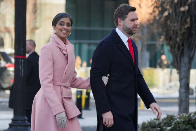 K3ZTW3I3IRKB7DRWABL3FV4V4M U.S. Vice President-elect JD Vance and his wife Usha Vance arrive for a service at St. John's Church on Inauguration Day of Donald Trump's second presidential term in Washington, U.S. January 20, 2025. REUTERS/Jeenah Moon/File Photo