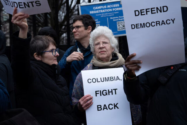 OFOUPETSIFMGLHHT42LFROLTBY Columbia and Barnard faculty stage a protest and press conference to condemn the university’s concessions to the federal government and call for a defense of academic freedom and democracy at Columbia University in New York City, U.S. March 24, 2025. REUTERS/Dana Edwards