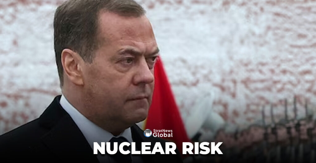 Russia's Deputy head of the Security Council Dmitry Medvedev takes part in a wreath laying ceremony marking Defender of the Fatherland Day at the Tomb of the Unknown Soldier by the Kremlin Wall in Moscow, Russia, February 23, 2024. Sputnik/Yekaterina Shtukina/Pool via REUTERS