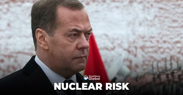 Russia's Deputy head of the Security Council Dmitry Medvedev takes part in a wreath laying ceremony marking Defender of the Fatherland Day at the Tomb of the Unknown Soldier by the Kremlin Wall in Moscow, Russia, February 23, 2024. Sputnik/Yekaterina Shtukina/Pool via REUTERS