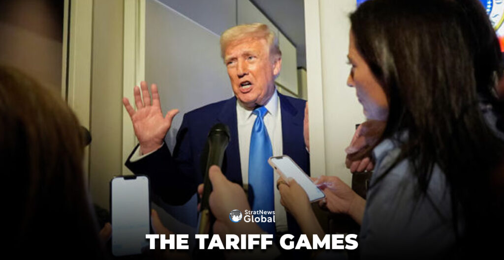 U.S. President Donald Trump talks to members of the press aboard Air Force One during a flight to Joint Base Andrews, Maryland, U.S., April 6, 2025. REUTERS/Kent Nishimura