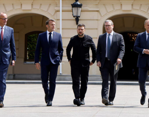 German Chancellor Friedrich Merz, French President Emmanuel Macron, Ukranian President Voloydmyr Zelenskyy, British Prime Minister Keir Starmer and Polish Prime Minister Donald Tusk walk in the grounds of the Mariynsky Palace, in Kyiv, Ukraine, May 10, 2025. Ludovic Marin/Pool via REUTERS/File Photo