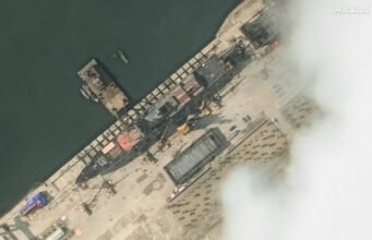 A satellite image shows the new North Korean warship at harbour before launch, in Chongjin, North Korea, May 18, 2025. Maxar Technologies /Handout via REUTERS/File Photo