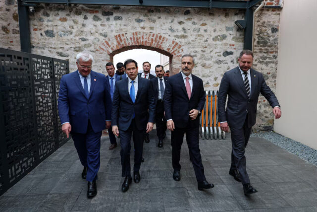 C47YDADLORMWBB2WC4PG7U7MP4 Ukrainian Foreign Minister Andrii Sybiha, U.S. Secretary of State Marco Rubio, Turkish Foreign Minister Hakan Fidan and Head of the Office of the President of Ukraine Andriy Yermak walk before Turkey, U.S., Ukraine trilateral talks, in Istanbul, Turkey, May 16, 2025. Arda Kucukkaya/Turkish Foreign Ministry/Handout via REUTERS