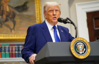U.S. President Donald Trump speaks during a press conference in the Roosevelt Room at the White House in Washington, D.C., U.S., May 12, 2025. REUTERS/Nathan Howard