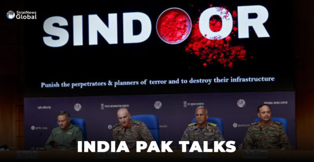 Air Marshal AK Bharti, Lieutenant General Rajiv Ghai, Vice Admiral AN Pramod and Major General SS Sharda attend a press briefing at the National Media Centre in New Delhi, India, May 11, 2025. REUTERS/Priyanshu Singh