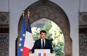 French President Emmanuel Macron delivers a speech during a visit for the commemorative century exposition of the opening of the Grande Mosque of Paris, in Paris, France on October 19, 2022. Ludovic MARIN/Pool via REUTERS/File Photo