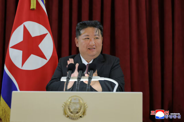 QA4IMNXP55IA5MCTWO3TMEGHD4 North Korea's leader Kim Jong Un attends an event to celebrate Russia's Victory Day, at the Russian embassy in Pyongyang, North Korea, May 9, 2025. KCNA via REUTERS