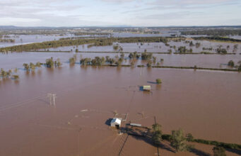 A drone view shows a flooded area near the Hunter River in Heatherbrae, Australia, May 24, 2025. REUTERS/Hollie Adams