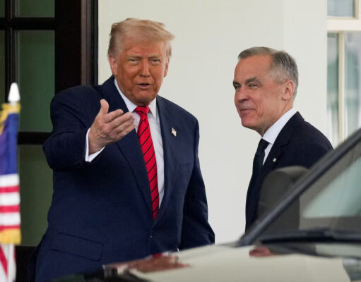U.S. President Donald Trump greets Canadian Prime Minister Mark Carney at the White House in Washington, D.C., U.S., May 6, 2025. REUTERS/Kent Nishimura