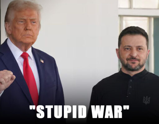 U.S. President Donald Trump gestures as Ukrainian President Volodymyr Zelenskyy looks on at the White House in Washington, D.C., U.S., February 28, 2025. REUTERS/Nathan Howard/File Photo