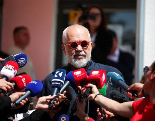 Prime Minister of Albania Edi Rama, leader of the Socialist Party, speaks to members of the media after voting during parliamentary election in Tirana, Albania, May 11, 2025. REUTERS/Florion Goga
