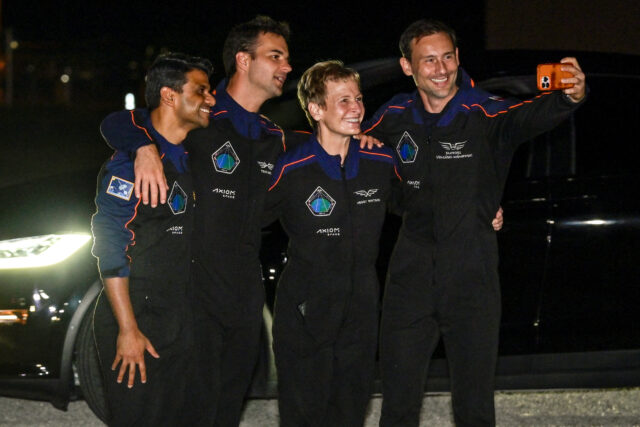 The Axiom-4 crew take a selfie before their mission to the International Space Station