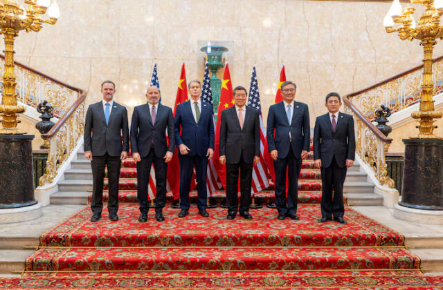MTQEUH5MPZMEVNL2C2CDYBOYLY US Treasury Secretary Scott Bessent and Chinese vice premier He Lifeng pose for a photo with US Trade Representative Jamieson Greer, US Secretary of Commerce Howard Lutnick, Chinese Commerce Minister Wang Wentao, and China's International Trade Representative and Vice Minister of Commerce Li Chenggang, in London, Britain June 9, 2025. United States Treasury/Handout via REUTERS THIS IMAGE HAS BEEN SUPPLIED BY A THIRD PARTY