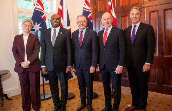 Australian Minister for Foreign Affairs, Penny Wong, Britain's Secretary of State for Foreign, Commonwealth and Development Affairs, David Lammy, Australian Prime Minister, Anthony Albanese, Britain's Secretary of State for Defence, John Healey and Australian Deputy Prime Minister and Minister for Defence, Richard Marles pose for a photograph at Kirribilli House during Australia-UK Ministerial Consultations (AUKMIN), in Sydney, Australia, July 25, 2025. AAP/Jeremy Piper via REUTERS